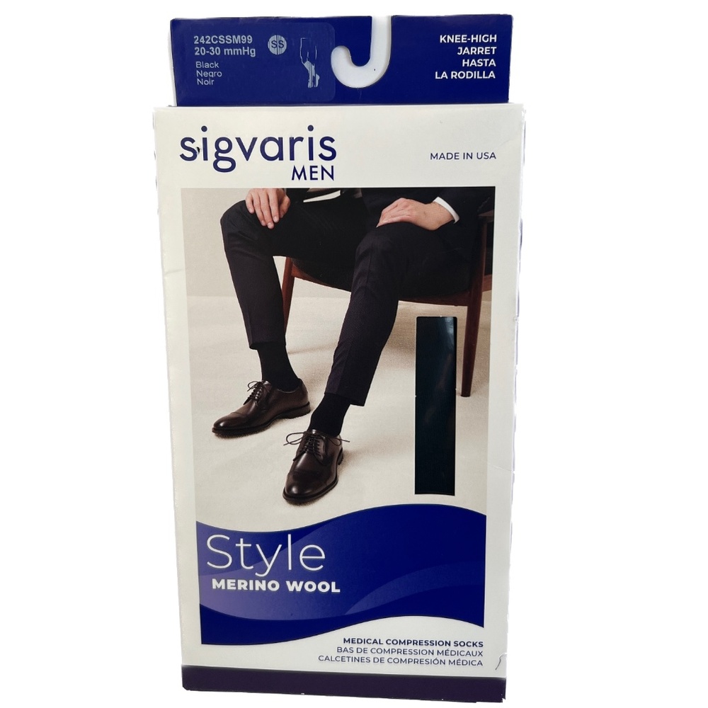 Sigvaris Men Socks Merino Wool Medical Compression Black Knee High New Small Sho